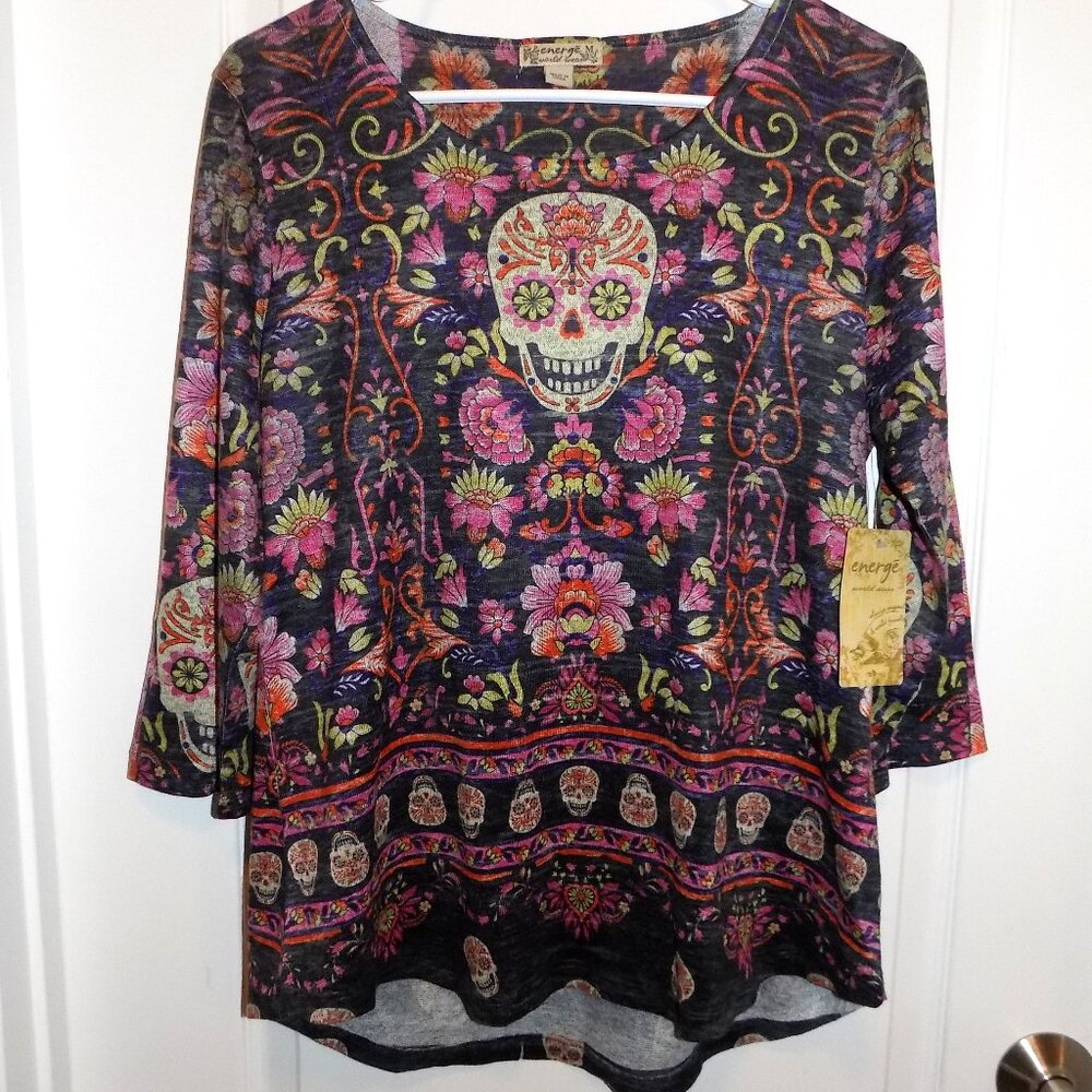 ENERGE World Wear Floral Artsy Knit Top Skull Medium Festival Day of Dead NEW